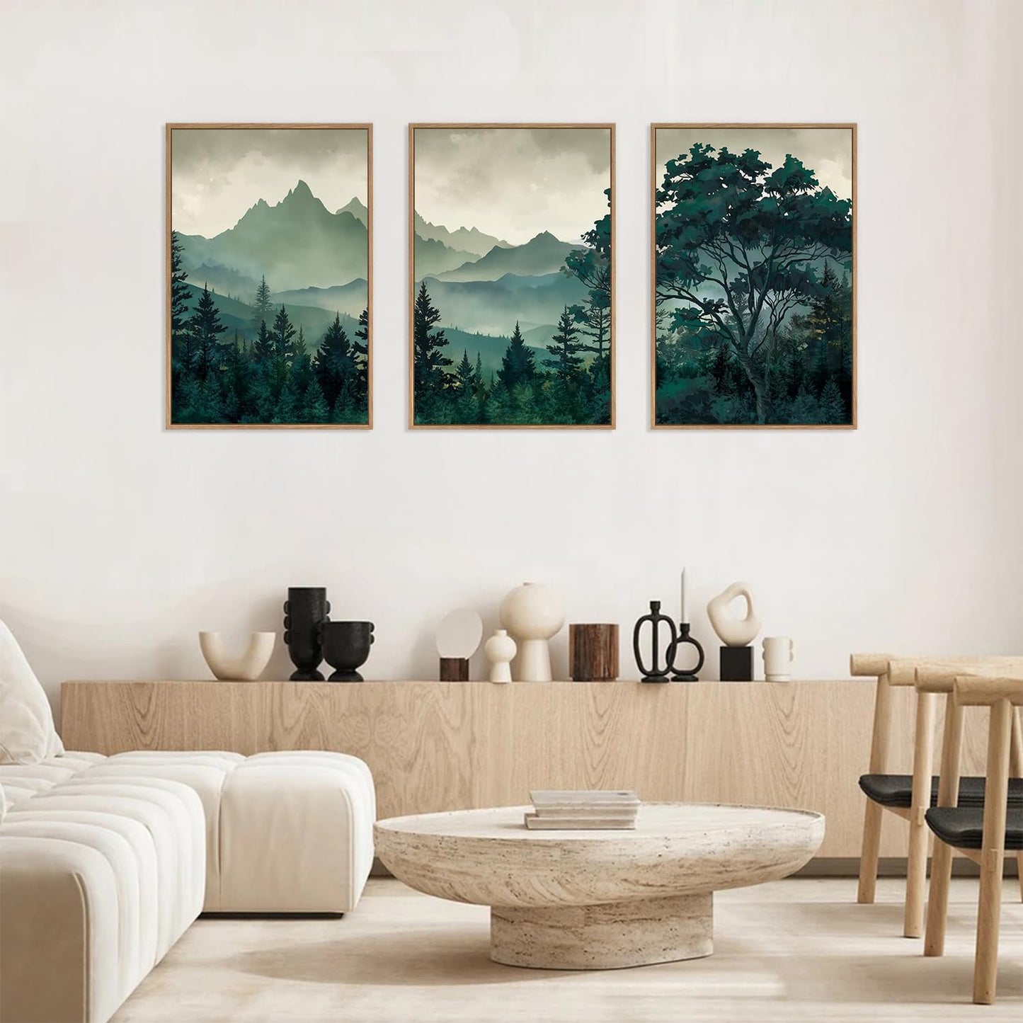 HLNIUC Green Foggy Forest Framed Canvas Wall Art Set,Watercolor Boho Pine Tree Wall Decor,Modern Misty Mountain Scenery Art Print,Nature Landscape Wall Painting for Living Room,Bedroom - 16”x24”x3