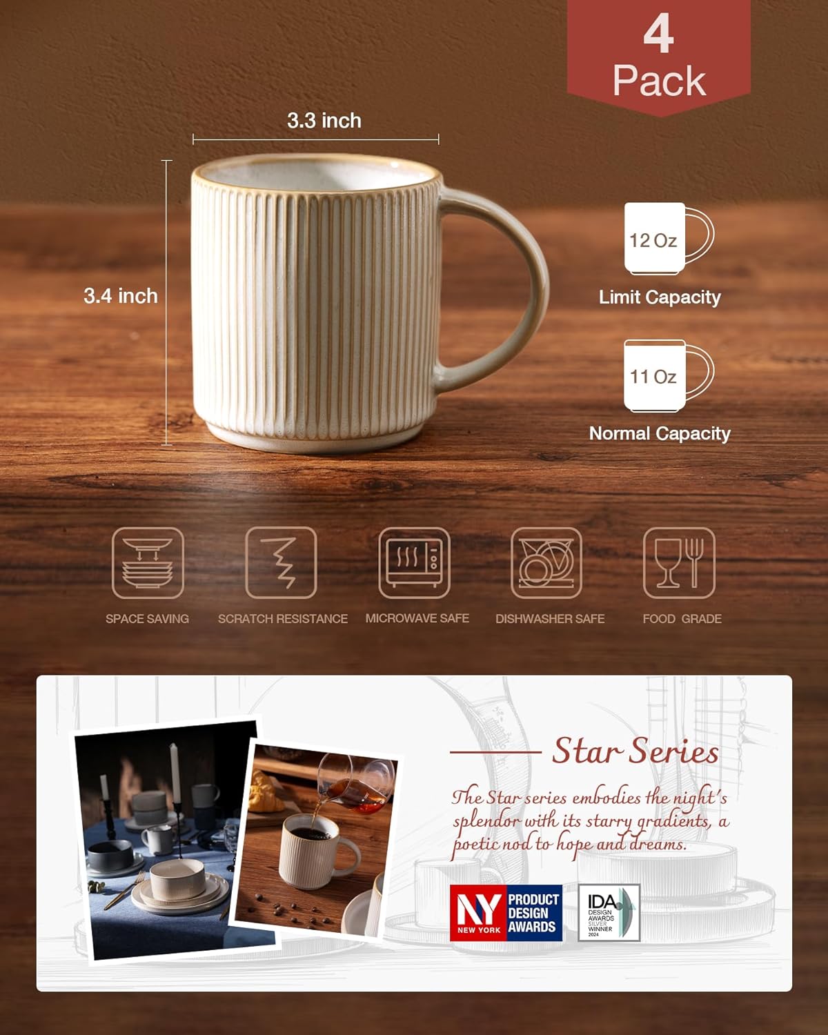 famiware Coffee Mug Set for 4, Star 12 oz Catering Mugs Cup Set with Handle for Coffee, Tea, Cocoa, Milk - Ceramic Stoneware Drinkware Set, Cappuccino White