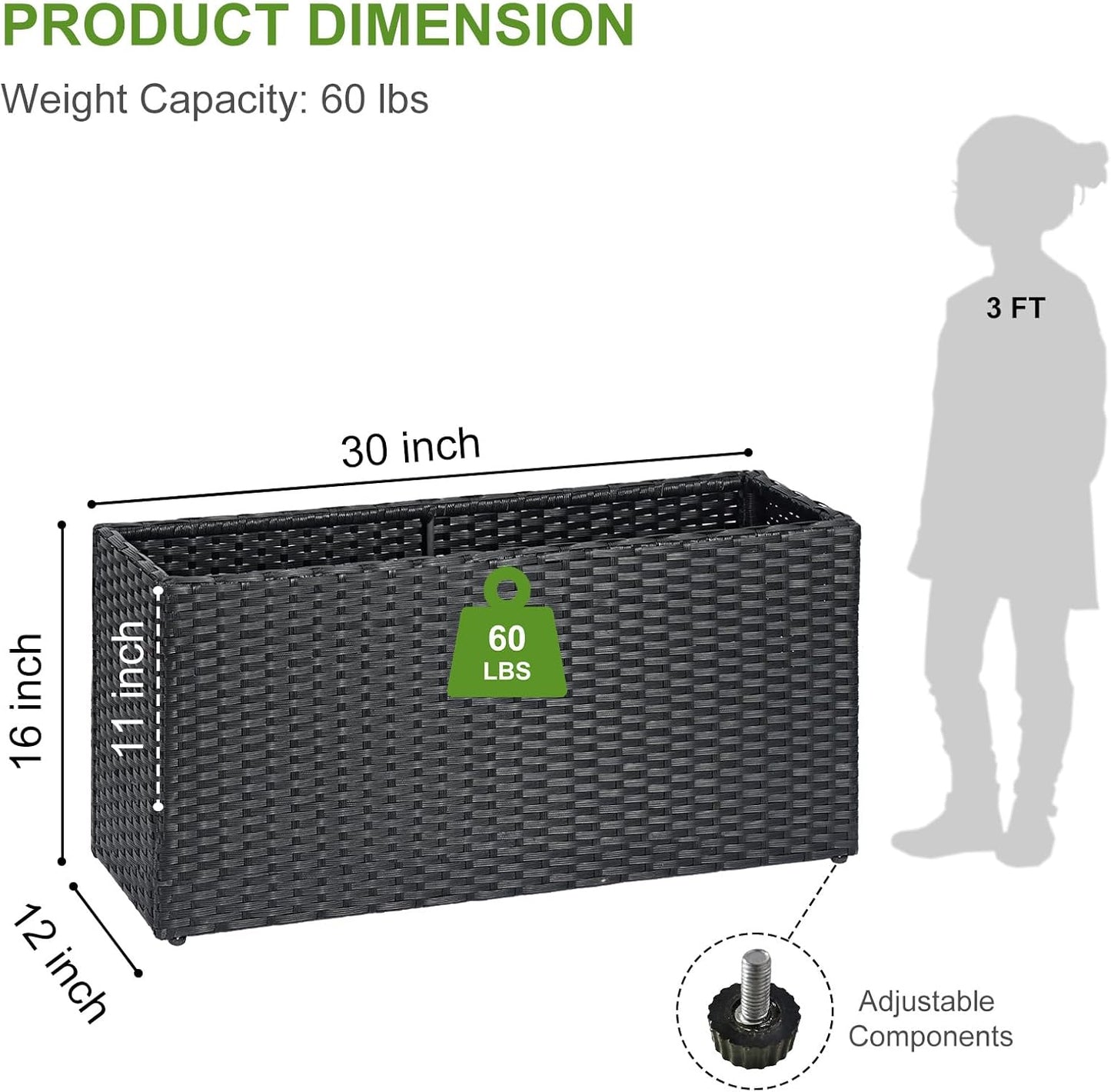LEWIS&WAYNE Large Rectangular Block Planter Box Handmade Wicker Tall Planters for Outdoor Plants with Removable Liners Modern Planter for Indoor Outdoor Patio Deck - Black, 30''x12''x16''