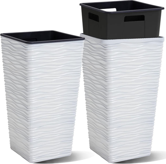 Worth Garden 2-Pack 22" H. White Square Tapered Planter with Inside Pots - Plastic Plant Pots for Indoor Outdoor - Modern Wavy Finish Decorative Flower Pots for Front Porch Containers Patio Deck