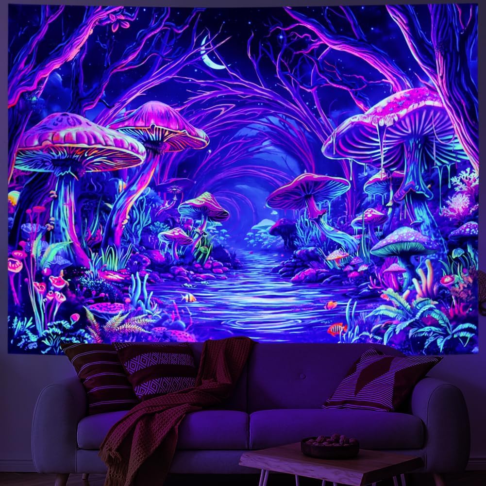 Yuiqear Blacklight Forest Tapestry UV Reactive Mushroom Tapestries Fantasy Landscape Wall Decor Aesthetic Plant Floral Tapestry Wall Hanging for Bedroom