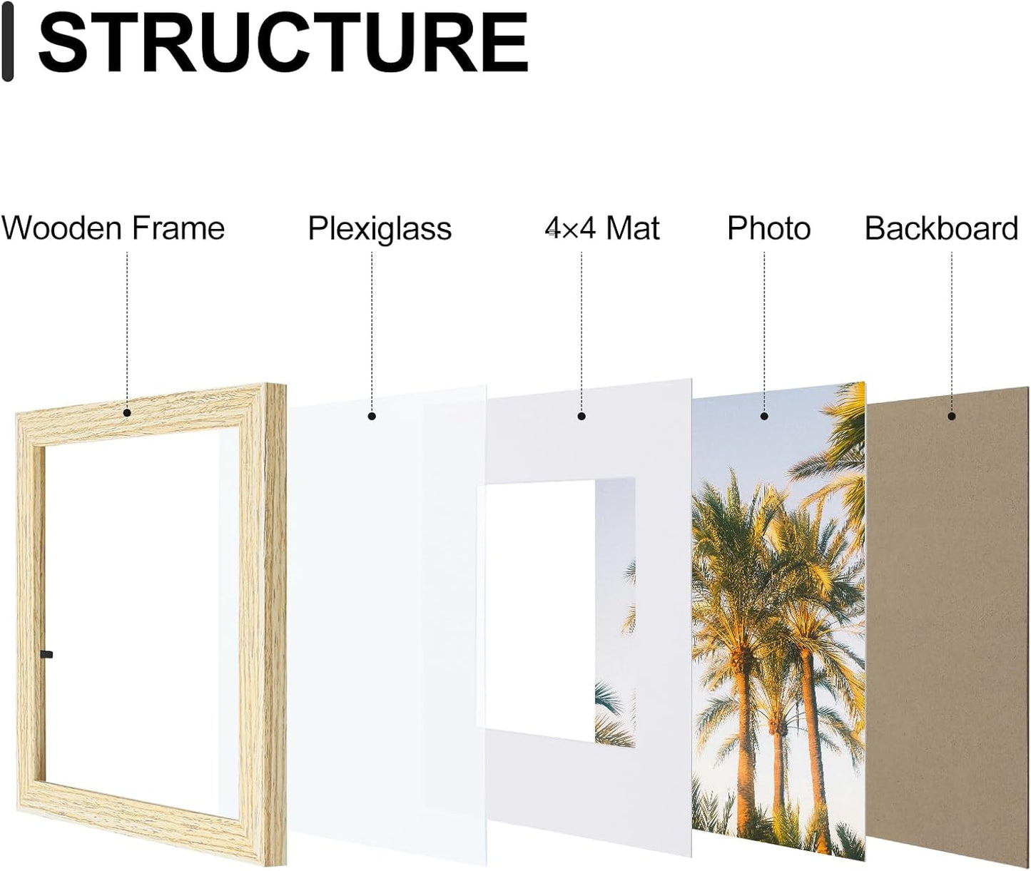 Vittanly 8x8 Picture Frames Set of 9, Shatter Resistant Plexiglass, Display 4x4 Pictures with Mat or 8x8 without Mat, Photo Frames for Wall Mount, Engineered Wood, OAK