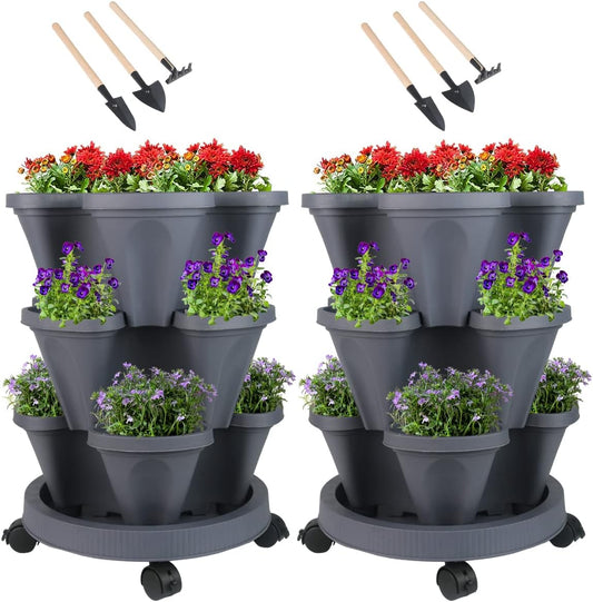 Vertical Planter 3 Tier Stackable Planters Garden Planters Strawberry Herb Flower and Vegetable Planter Indoor Outdoor Gardening Pots with Removable Wheels and Tools