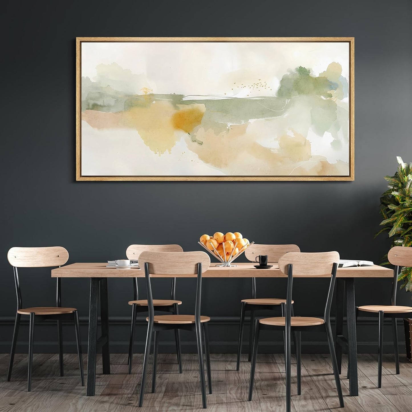 MUDECOR Extra Large Framed Canvas Print Wall Art Serene Watercolor Landscape in Green and Yellow Tones Antique Retro Fine Art Illustrations Decorative Colorful for Bedroom - 60"x30"