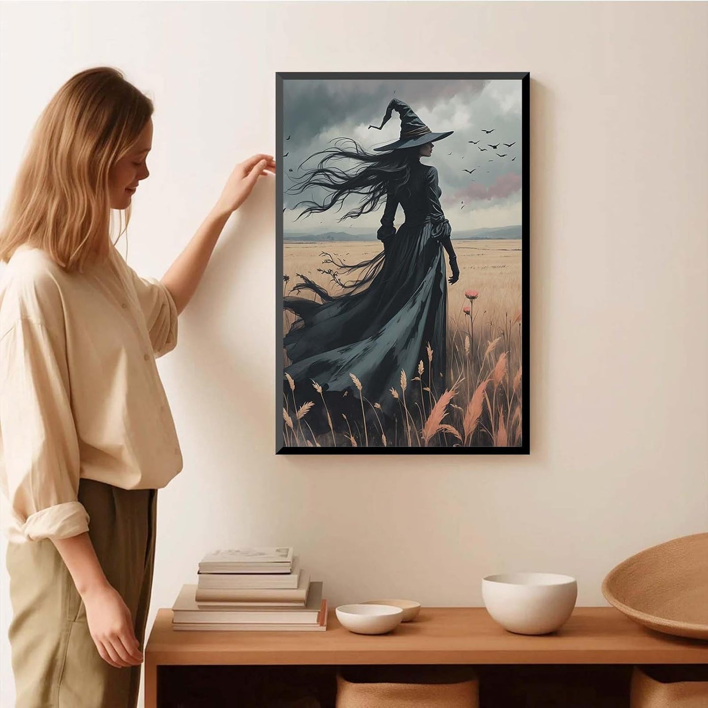 JFHCQJPK Gothic Decor Canvas Wall Art Witch in Rice Field Halloween Art Decor Print Nature Print Victorian Home Bedroom8x12in Metal blackFramed