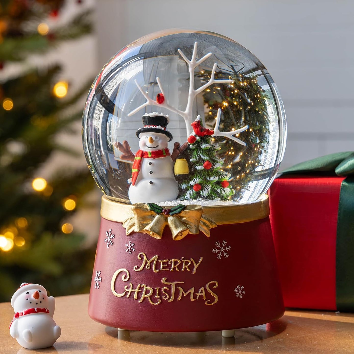 Christmas Glass Snow Globe Glitter Spinning Water Lantern Lighted Musical Snowman with Holiday Tree Scene, 6H Timer Battery & USB Powered Light for Home Decoration
