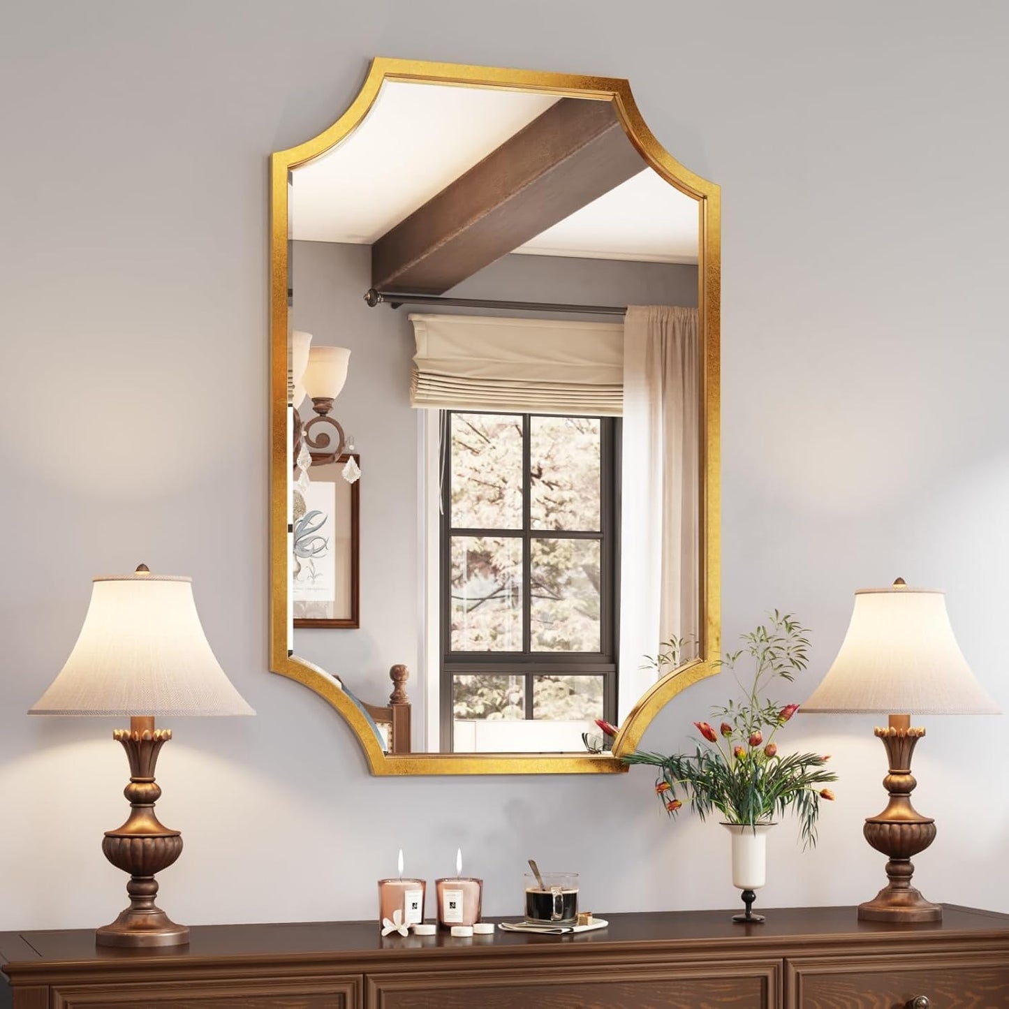 Kelly Miller 24"x36" Gold Mirror for Wall, Gold Scalloped Mirror Vanity Mirror Decorative Wall Mirror Art Beveled Framed for Master Bath Half Bath Living Room Fireplace Mantle Hallyway Entryway