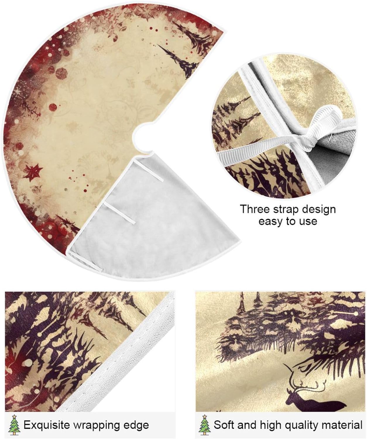 Vintage Red Elk Christmas Tree Skirt - 36 Inch Xmas Tree Mat for New Year Party Decorations