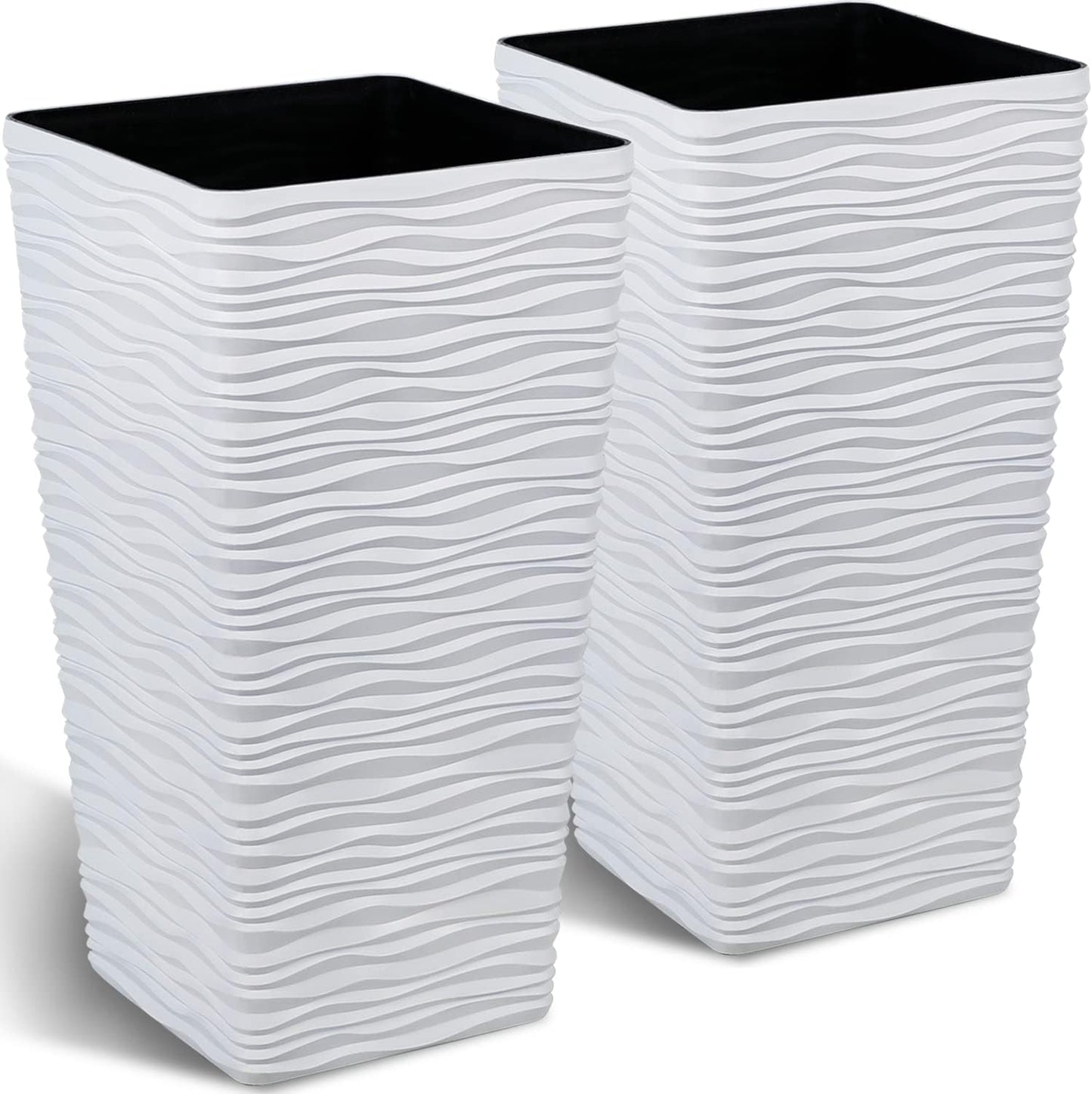 Worth Garden 22" Tall Planters Set of 2 - Plastic White Square Plant Pots - Modern Big Tapered Matte Wavy Tree Flower Pot for Indoor Outdoor Porch Deck