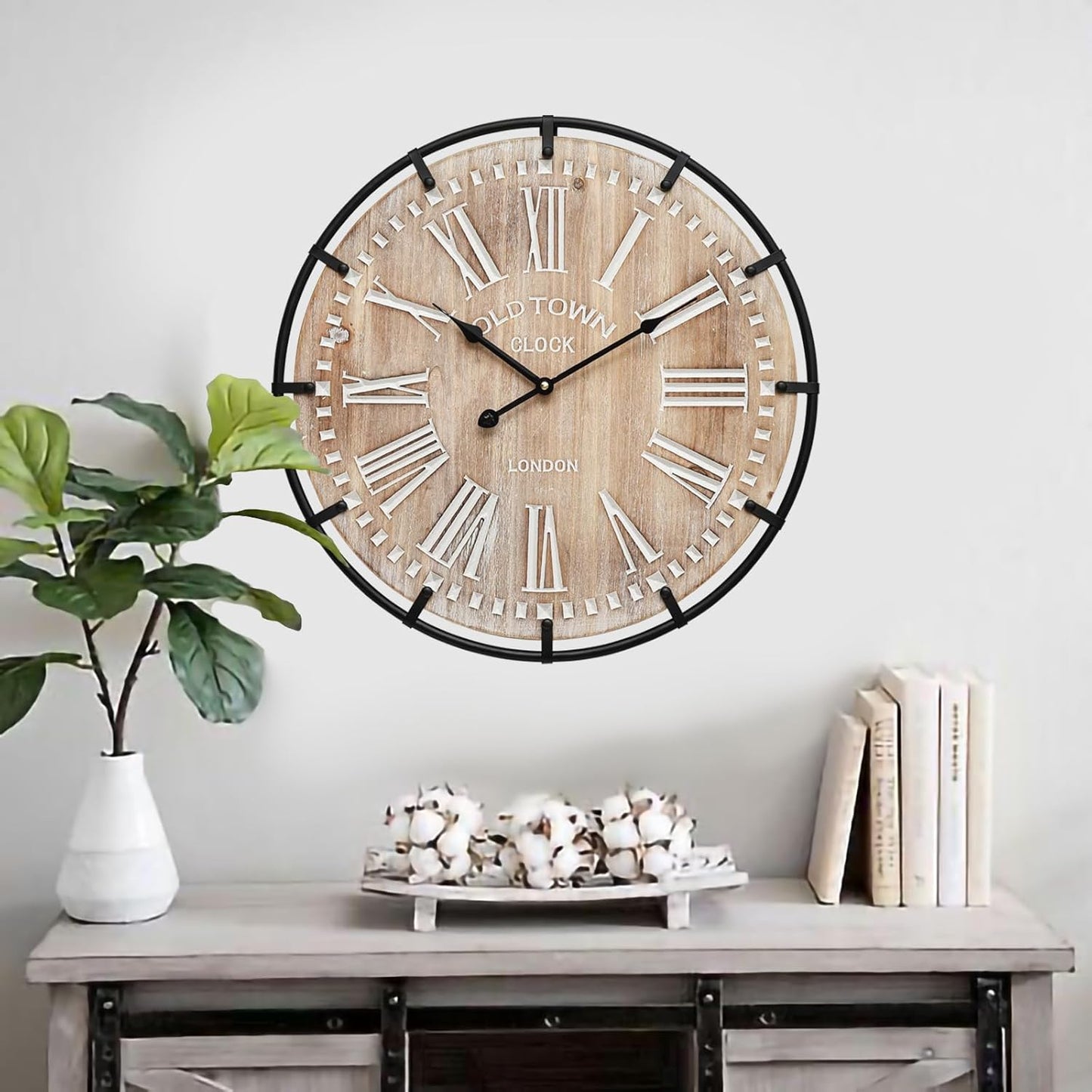 20 Inch Grand Farmhouse Wall Clock, Vintage-Inspired Wood & Metal Design with Large Etched Numbers, Silent Battery-Powered Timepiece for Offices, Kitchens, Bedrooms, and Living Rooms