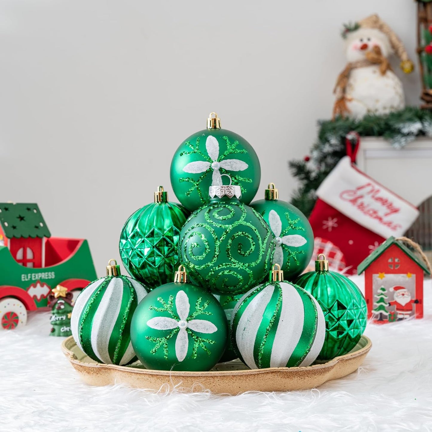 16Pcs Christmas Ball Ornaments Set, 3.15" Shatterproof Christmas Ornaments, Luxury Glitter Hanging Ornaments for Xmas Tree, Xmas Holiday, Party, Wedding (Green)