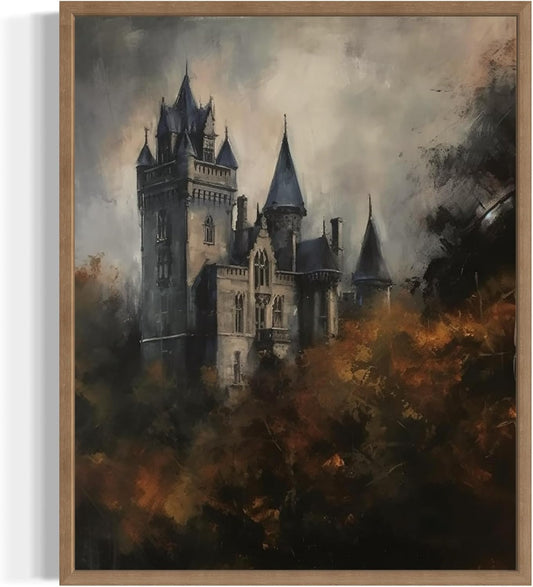 Old Castle Poster Art Print, Halloween Scary Vintage Wall Art Academia Spooky Painting Decoration for Horror Prints, Gothic Posters Bedroom Decor 89 (Old Castle, 11 x 14 inches, Wood Frame)