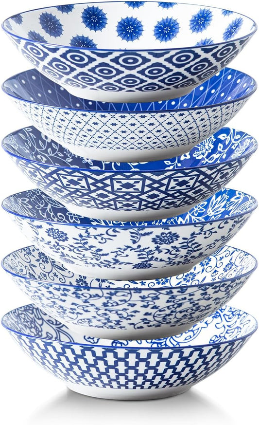 Ceramic Pasta Bowls Set - 40 Oz Porcelain Large Salad Bowls Serving - 9 Inch Wide Shallow Plate Bowls for Eating - Housewarming Wedding Gift - Oven Dishwasher Safe - Set of 6 - Vintage Blue