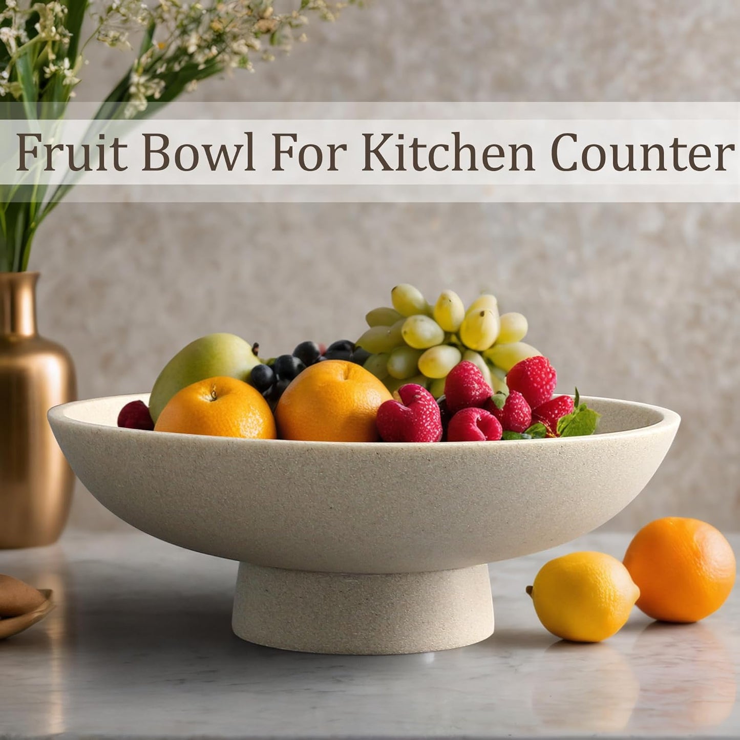 Modern Resin Pedestal Bowl – Large Fruit Bowl for Kitchen Counter, Catch All Tray for Entryway Table, Stylish Key Bowl & Dining Centerpiece, Beige