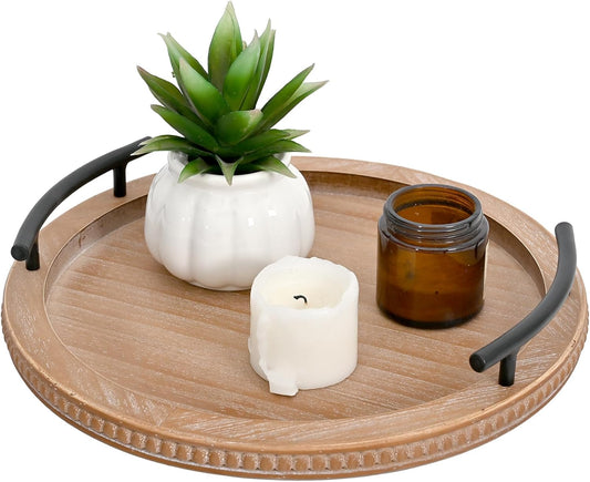 SwallowLiving Brown Wooden Beaded Serving Tray with Handle Decorative Rustic Tray for Coffee Table Farmhouse Round Tray for Kitchen, Living Room and Bedroom