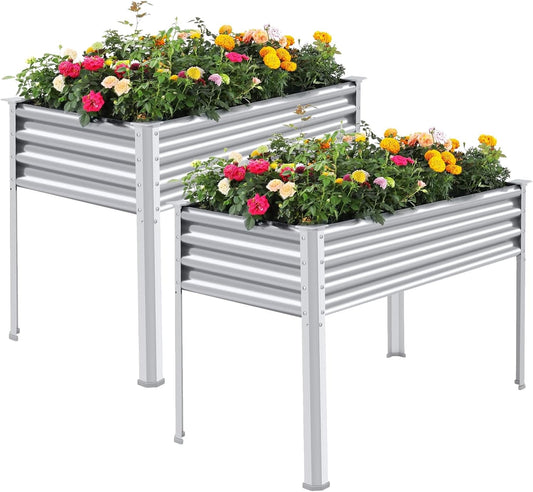 Land Guard 2Pcs Galvanized Raised Garden Bed with Legs, 48×24×32in Large Metal Elevated Raised Planter Box with Drainage Holes for Backyard, Patio, Balcony, 400lb Capacity
