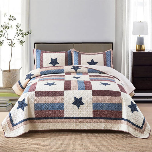 Cotton Bedding Quilt Sets 3 Pieces Reversible Coverlet Sets All Season Boys Real Patchwork Bedspread,Star Pattern,Queen Size