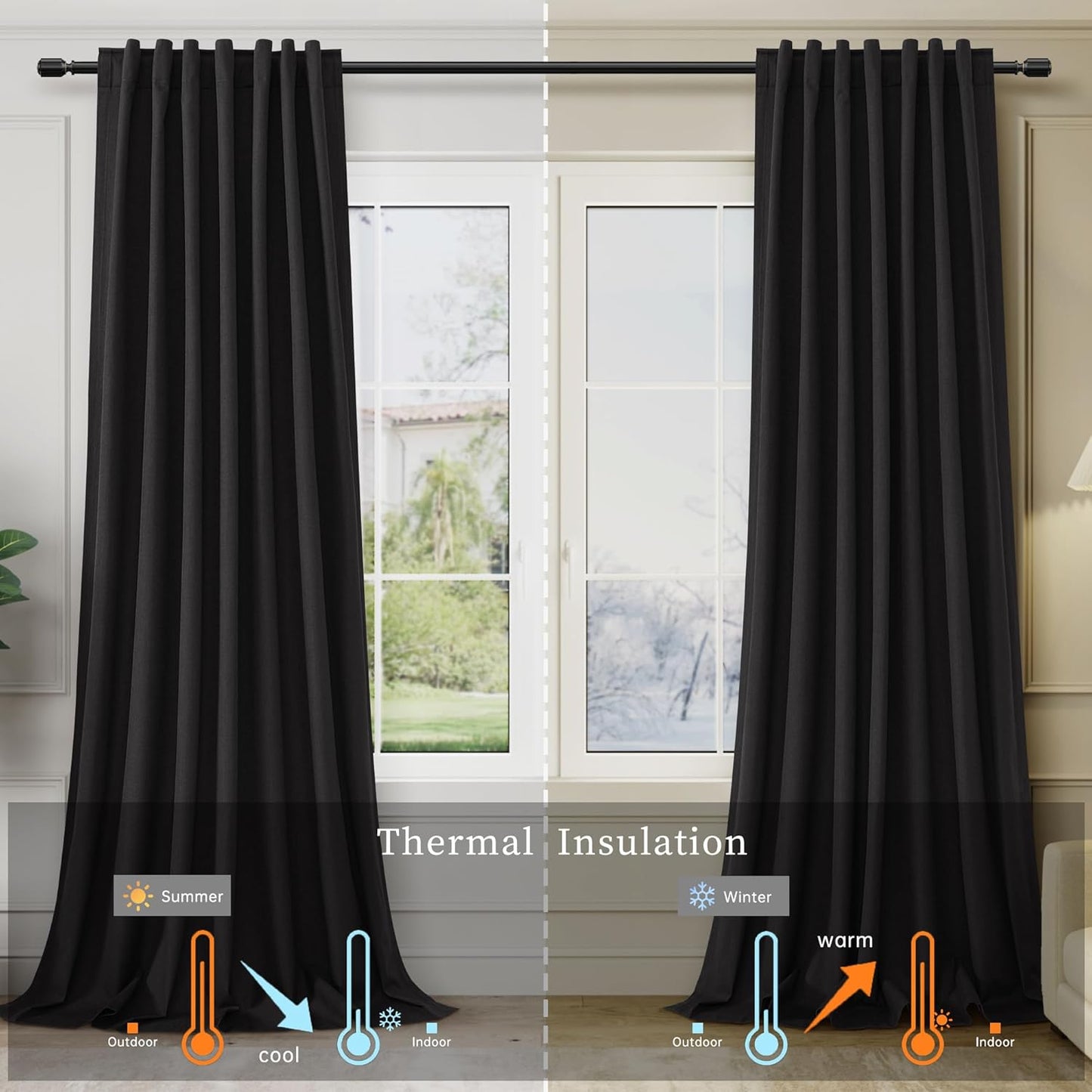 BOODII Linen Blackout Curtains for Bedroom 72 Inch Length 2 Panels Set Room Darkening Curtains Black Black Out Curtain Elegant Thermal Insulated Living Room Window Drapes Back Tab 52x72