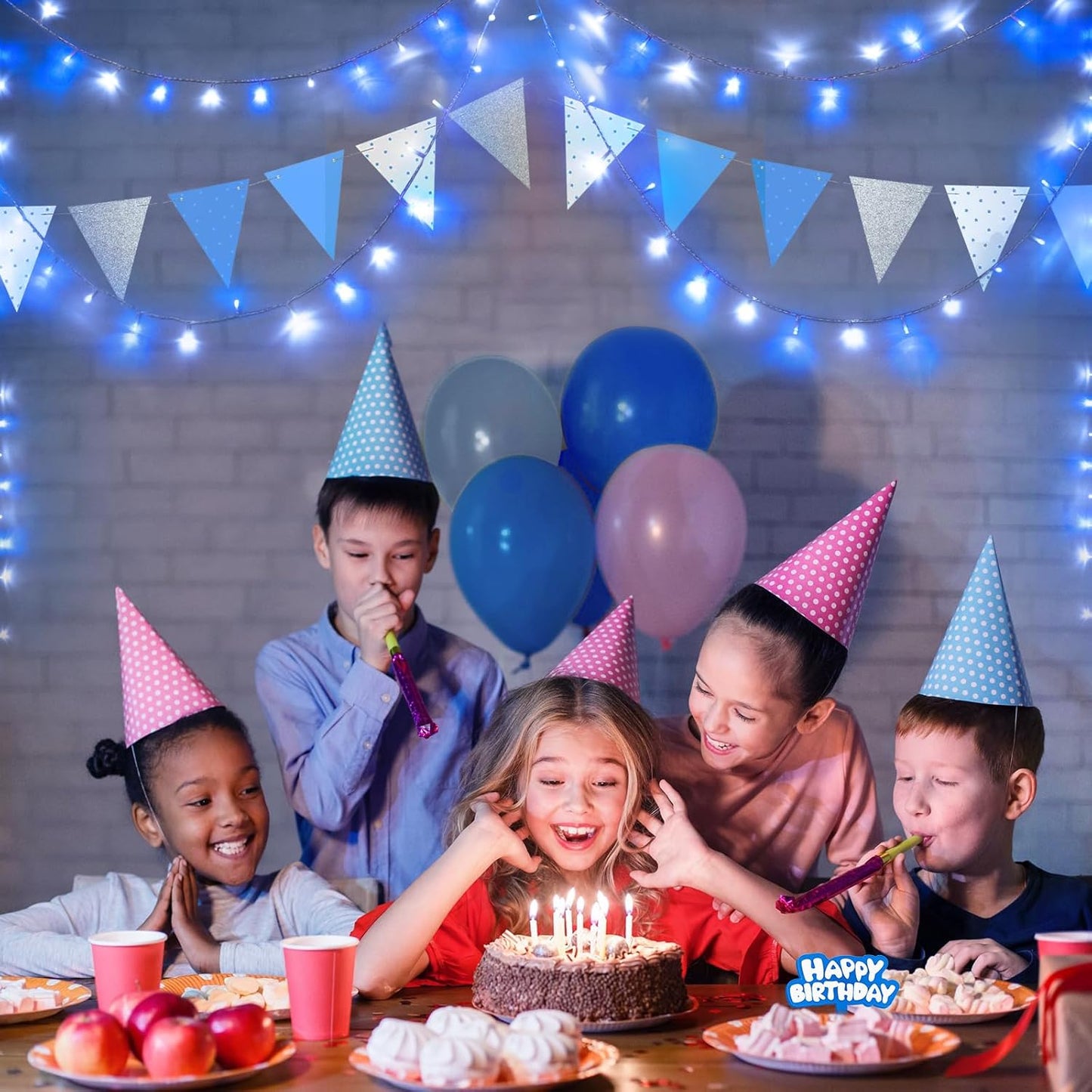 JMEXSUSS 2 Pack Blue and White Battery String Lights, Each 33ft 100 LED Battery Powered Christmas Lights with Remote for Outside Party Birthday