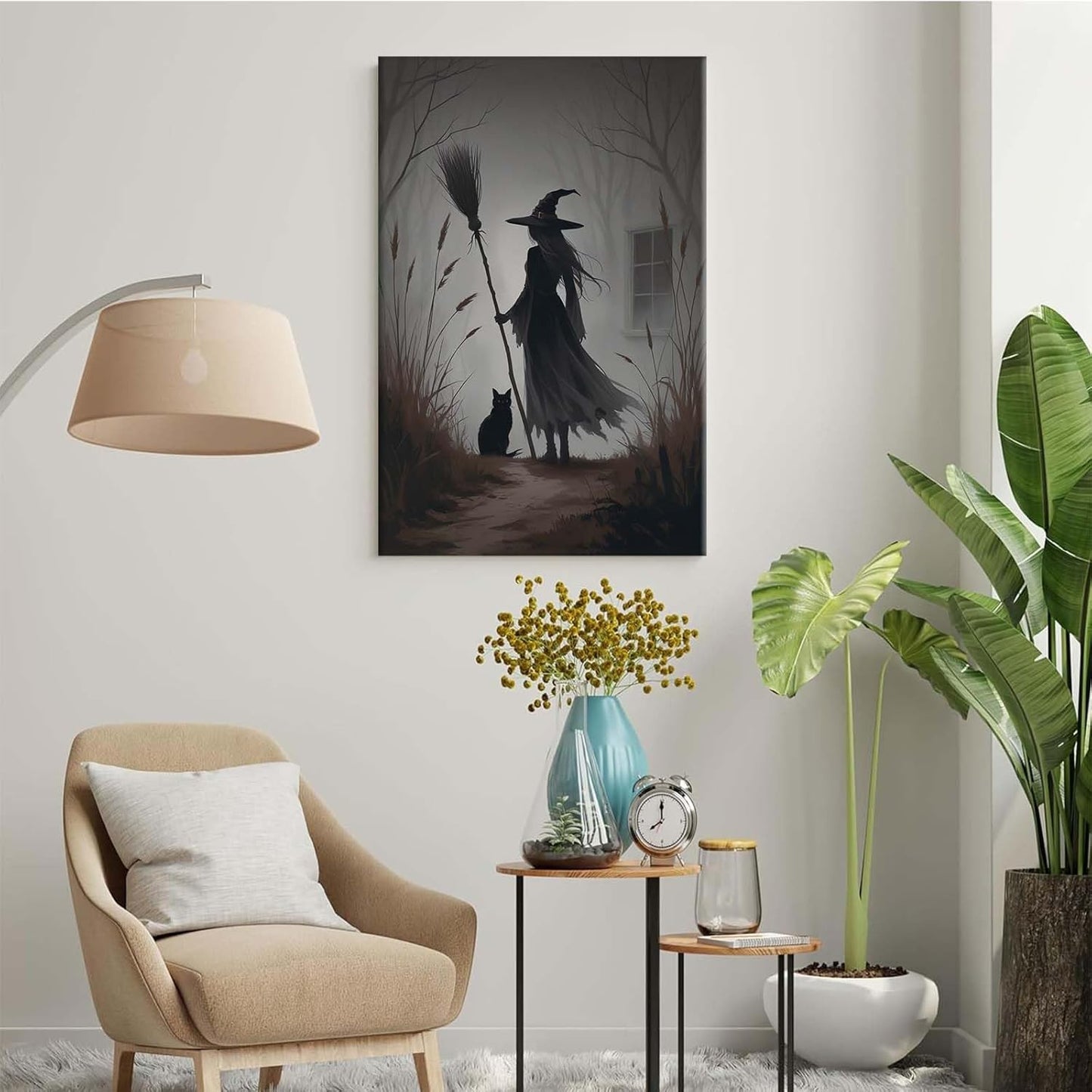 JFHCQJPK Vintage forest witch and black cat poster Halloween mural poster decoration mural art magic suitable for home living room bedroom12x16in Frameless