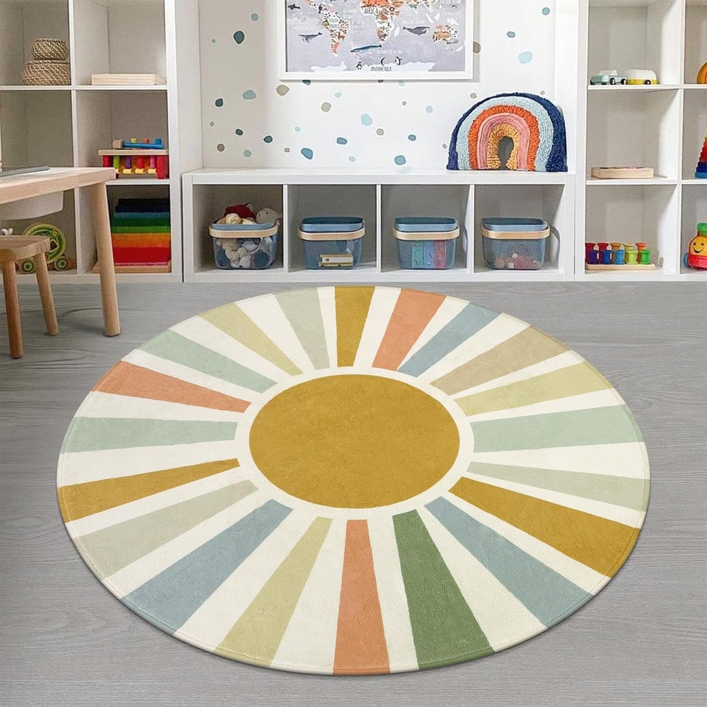 STARUIA Boho Sun Round Area Rug for Living Room, 6 Ft Washable Nursery Rug for Playroom, Colorful Circle Rugs for Kids Bedroom, Non-Slip Circluar Carpet Soft Large Kid Rug for Classroom Dorm