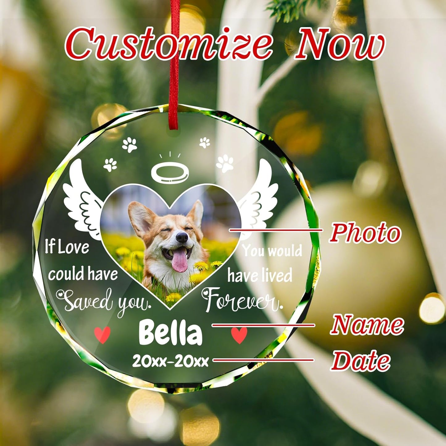 Personalized Memorial Pet Glass Ornament - Custom Picture Christmas Ornaments, Dog Forever in Our Hearts Hanging Ornament Xmas Tree Decor for Dog Lovers