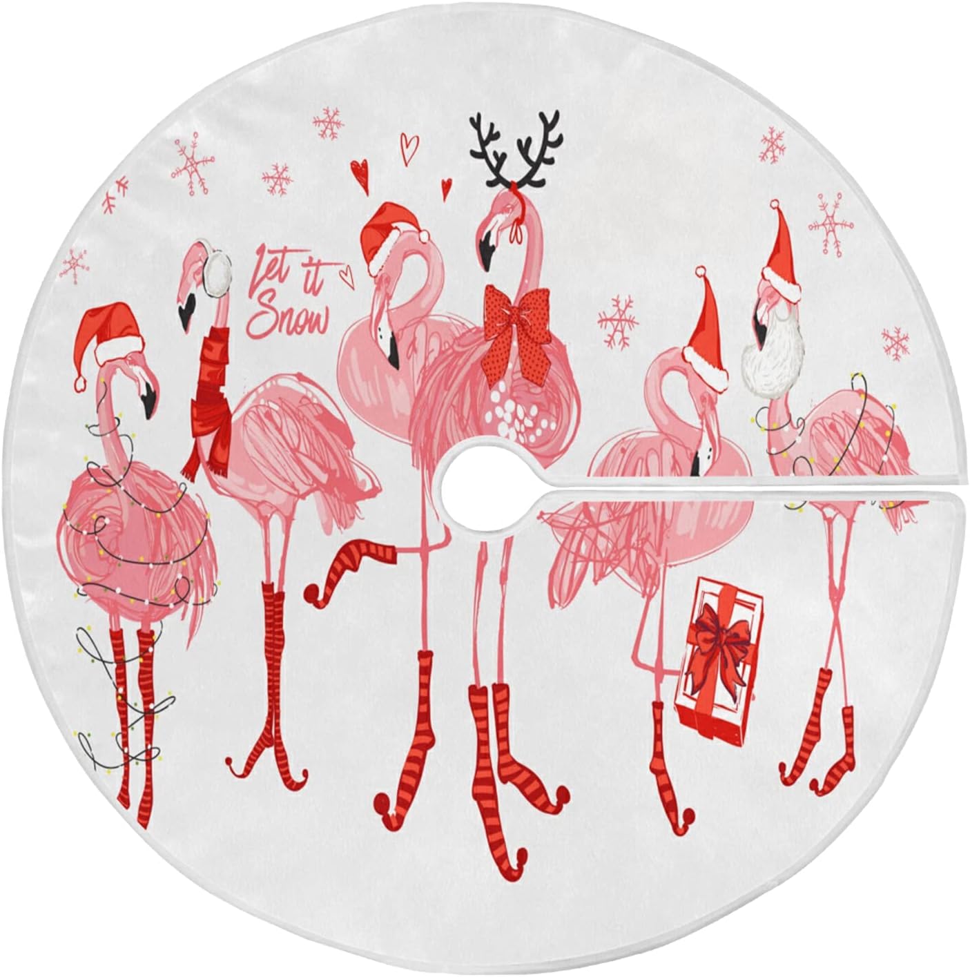Christmas Pink Flamingo Snowflake Tree Skirt, Seasonal Tree Mat Holiday Party Supplies Ornaments Indoor Outdoor Decorations for Tabletop Trees 47.2 Inches