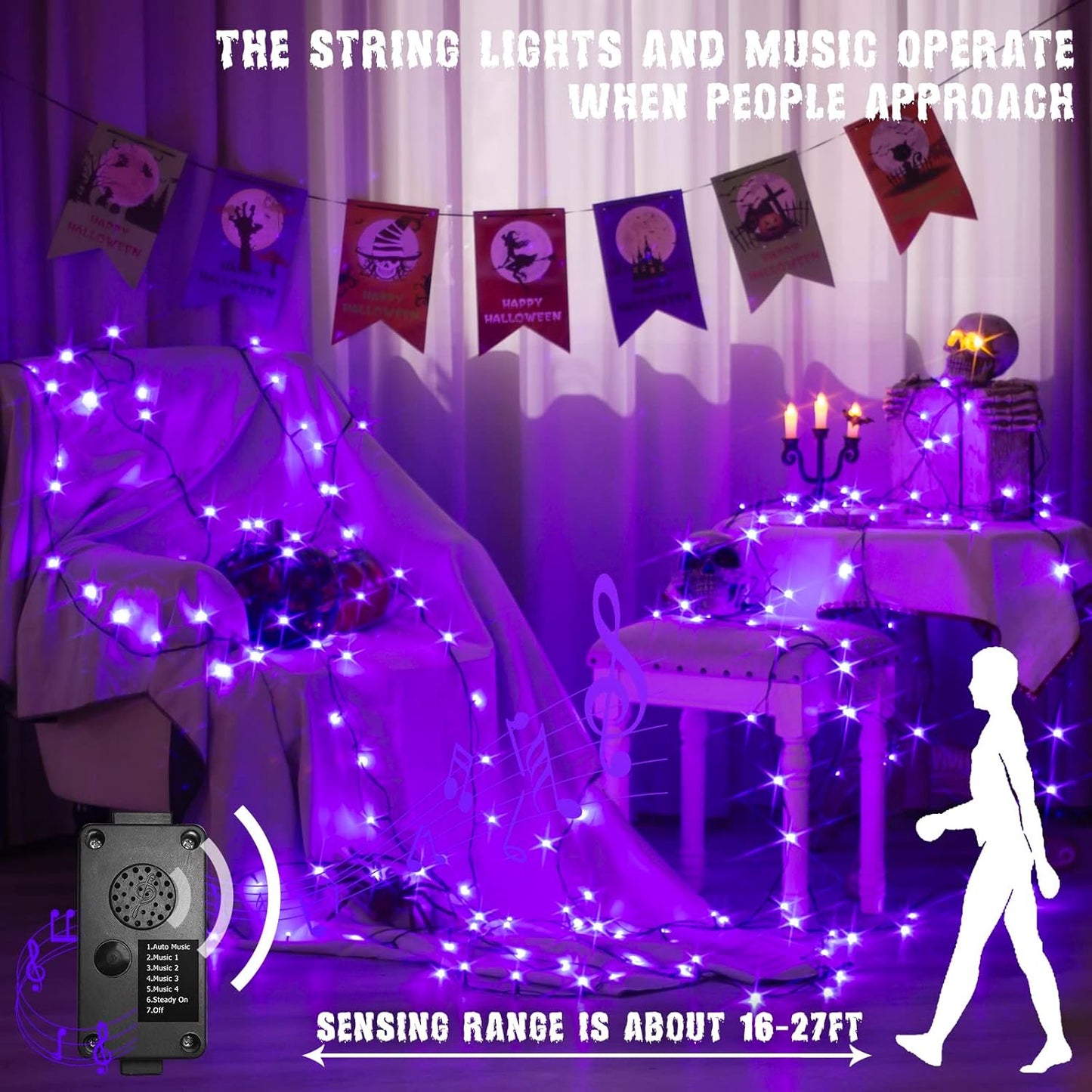 PEIDUO Halloween Decorations Outdoor, 82 FT 200 LED Purple String Lights, Motion Sensor Controller Sync with Spooky Music, Twinkle Fairy Lights for Outside Indoor Party Bedroom Halloween Decor
