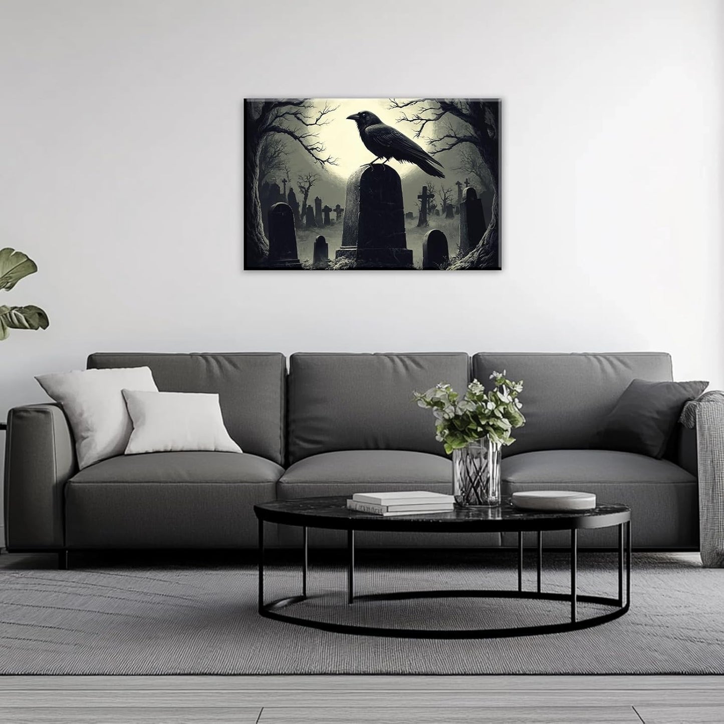 Crow Canvas Wall Art Gothic Black Bird On Branch Painting Print Spooky Forest Full Moon Scenery Poster Artwork Framed Halloween Home Decor(Artwork-3,28"x42")