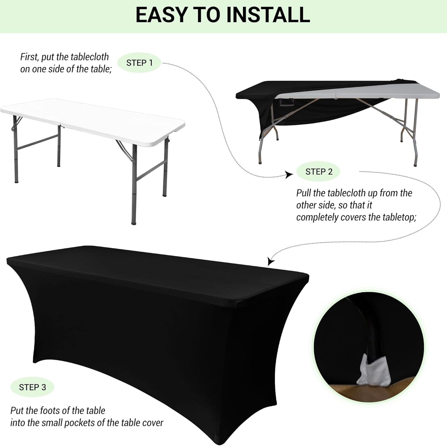 Obstal 8Ft Stretch Spandex Table Cover for Standard Folding Tables - 2 Pack Universal Rectangular Fitted Tablecloth for Party, Banquet, Events, Trade Show (Blackish Green, 96L x 30W x 30H Inches)