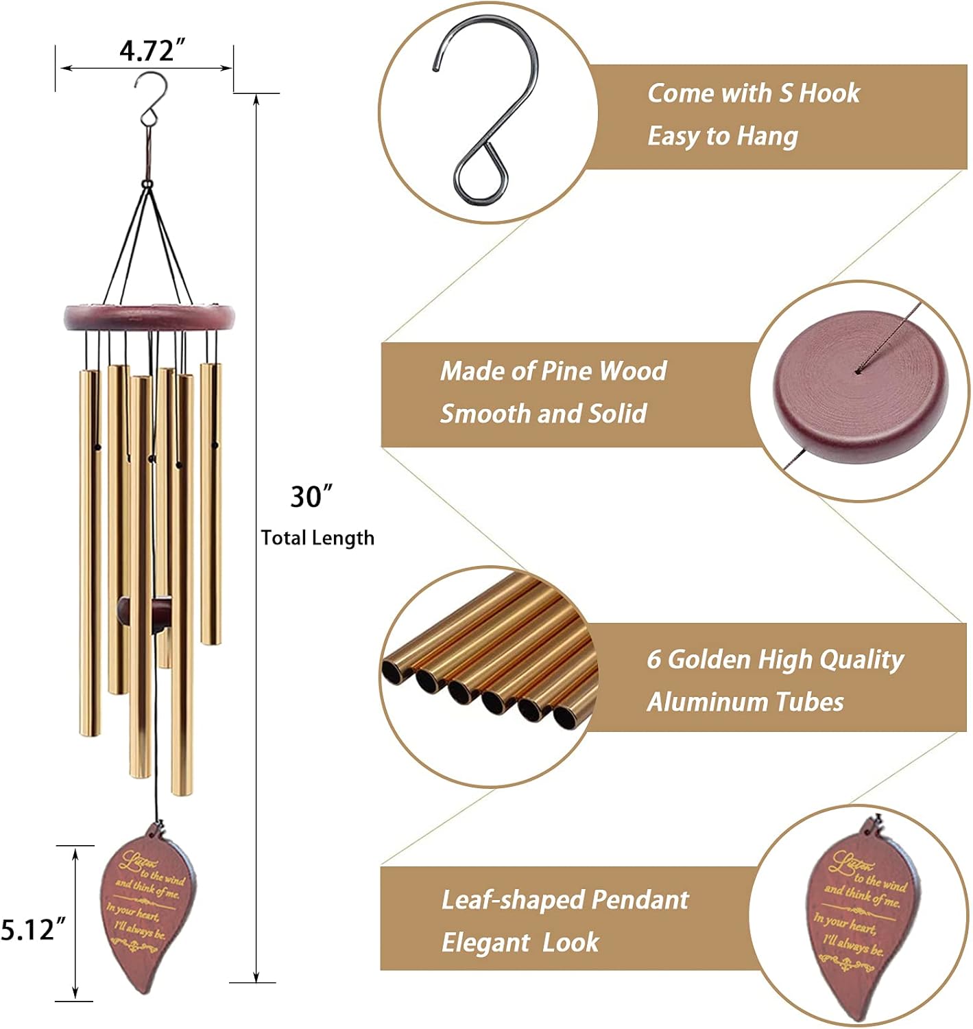 Wind Chimes for Outside, 30" Wooden Sympathy Wind Chimes Memorial Wind Chime for Loss of Loved One Mother Father, Sympathy Gift Home Decor Outdoor Garden Patio