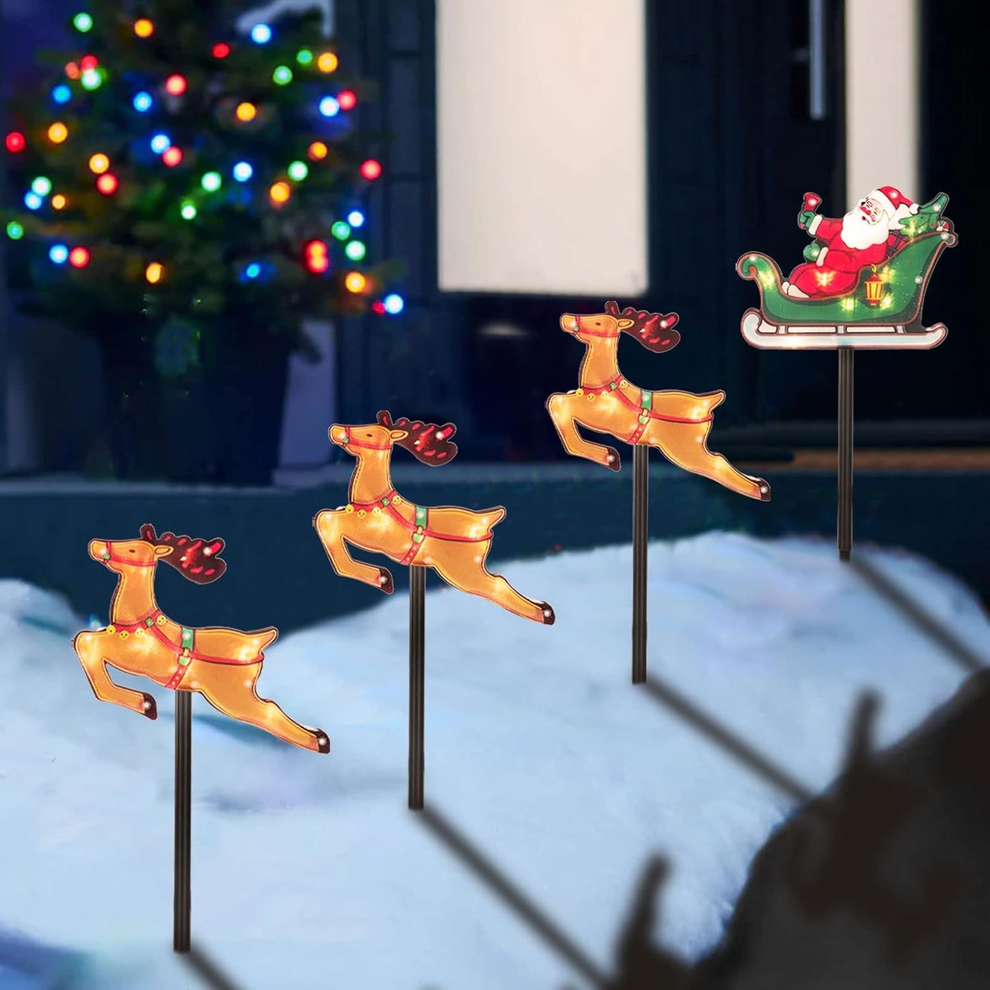 Christmas Silhouette Outdoor Pathway Lights Set of 4 Battery Powered Pre-Lit 30 LEDs Double Sided Christmas Reindeer & Sled Vintage Holiday Outdoor Display Decor for Garden, Patio,Yard, Lawn