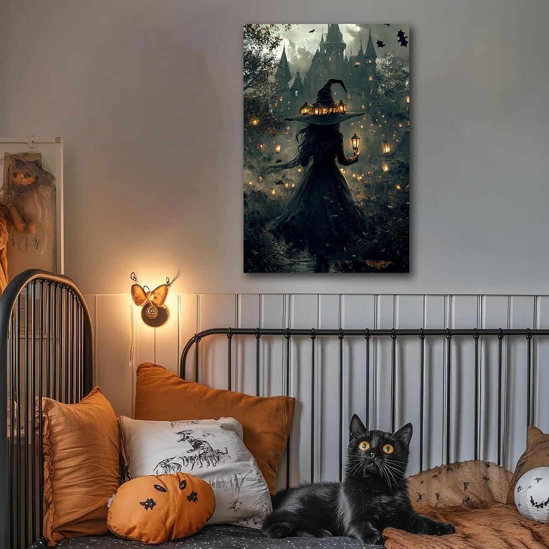Halloween Witch and Haunted House Canvas Wall Art,Dark Academia Scary Witch Castle Posters Prints,Thriller Horror Gothic Wall Decor Pictures for Halloween Party House Decoration,20"x30" Framed