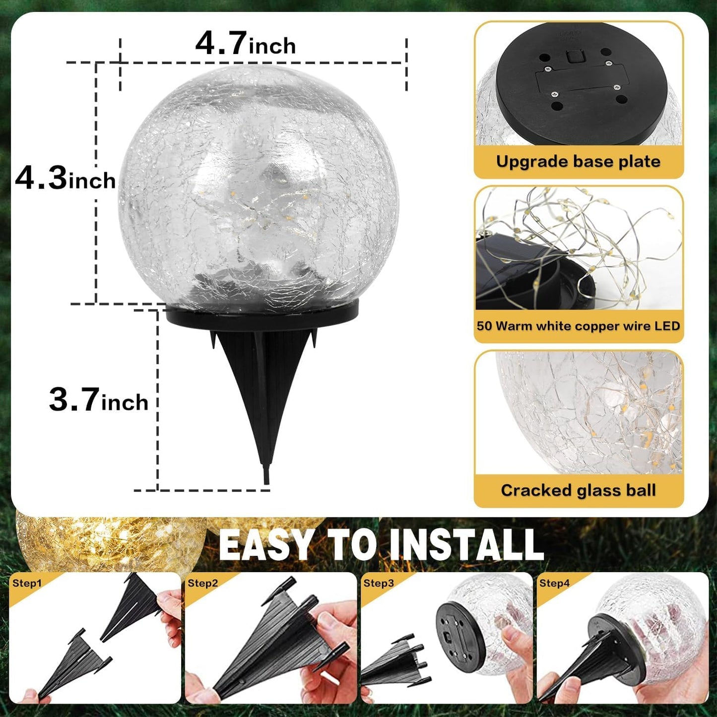 Solar Garden Lights Outdoor Waterproof, 4 Pack Cracked Glass Ball Light, Ground Landscape Garden Decor, Solar Globe Decorative for Pathway/Patio/Lawn/Yard (Warm White, 4.7")