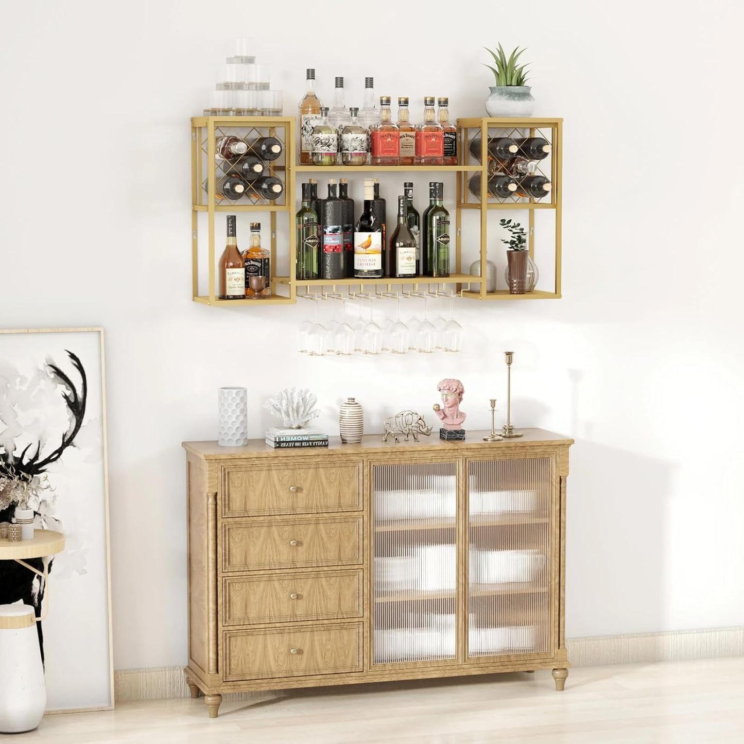 Wall Mounted Wine Rack with Glass Holder,Metal Floating Bar Liquor Shelves 2 Tier,Wine Glass Rack Multi Functional Wine Storage Display Rack for Home Bar Dining Room Kitchen,Gold