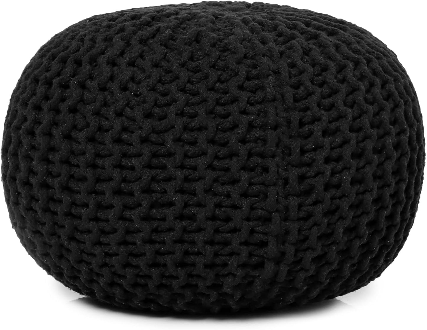 REDEARTH Round Pouf Foot Stool Ottoman - Hand Knitted Bean Bag - Cord Boho Pouffe - Cable Poof Footrest for Living Room - Nursery - Bedroom - Patio - 100% Cotton - Home Decor (19.5"x19.5"x14") - Black
