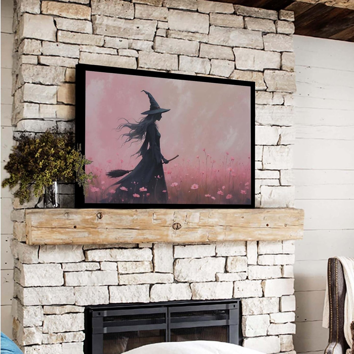 JFHCQJPK Witch in the pink sea of flowers Halloween prints weird flowers wall art silhouette painting fashionable romantic decoration suitable for bedroom24x36in Metal blackFramed