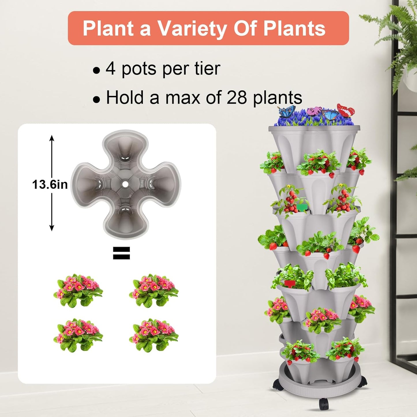 Vertical Planter, 7 Tier Stackable Strawberry Planter with Garden Tool Set, Movable Indoor/Outdoor Garden Herb Pot for Growing Vegetables and Succulents, Gray