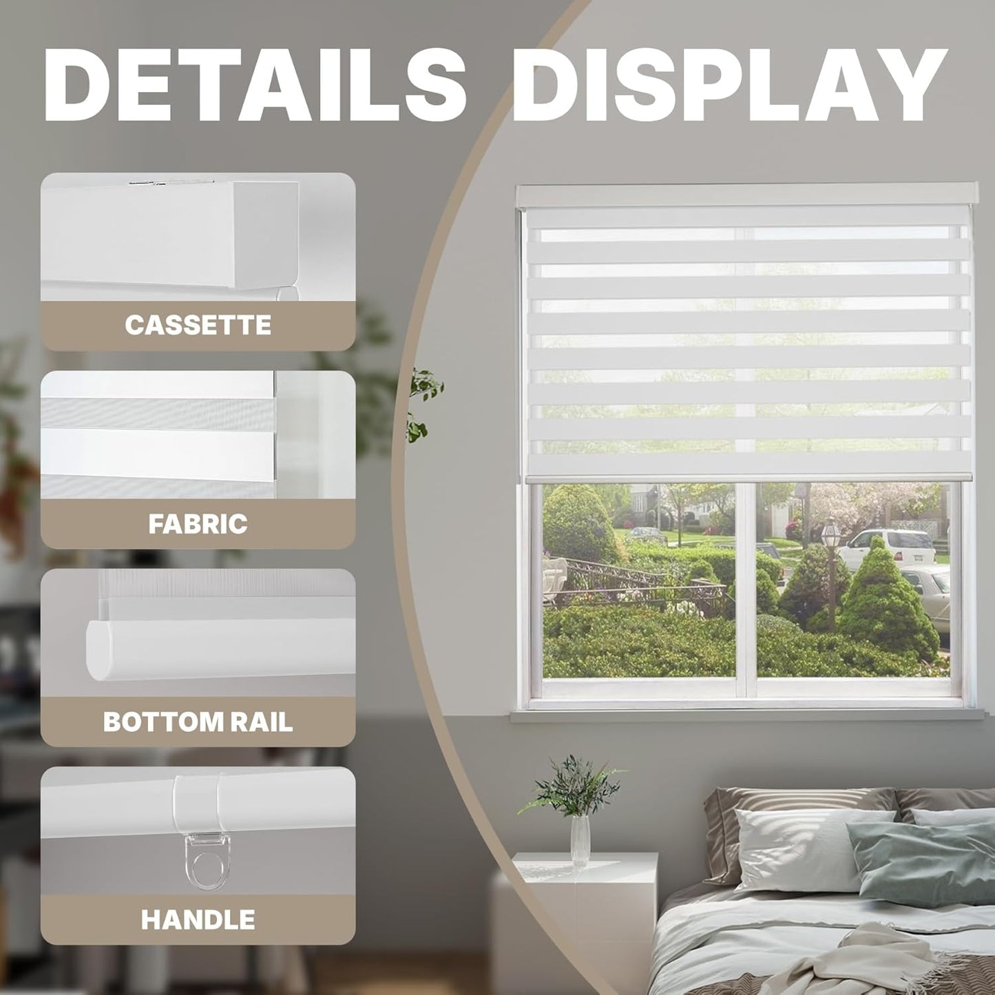 HESTIA Cordless Zebra Blinds Light Filtering Roller Shades Blackout Indoor Window Blind for Home Office,White,35" W x 48" H