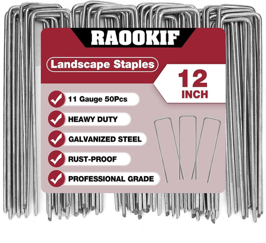RAOOKIF 12 Inch Galvanized Garden Landscape Staples, 150Pcs Metal Stakes, 11 Gauge Heavy Duty Ground Stakes for Decoration, Fence, Lawn, Fabric Pins