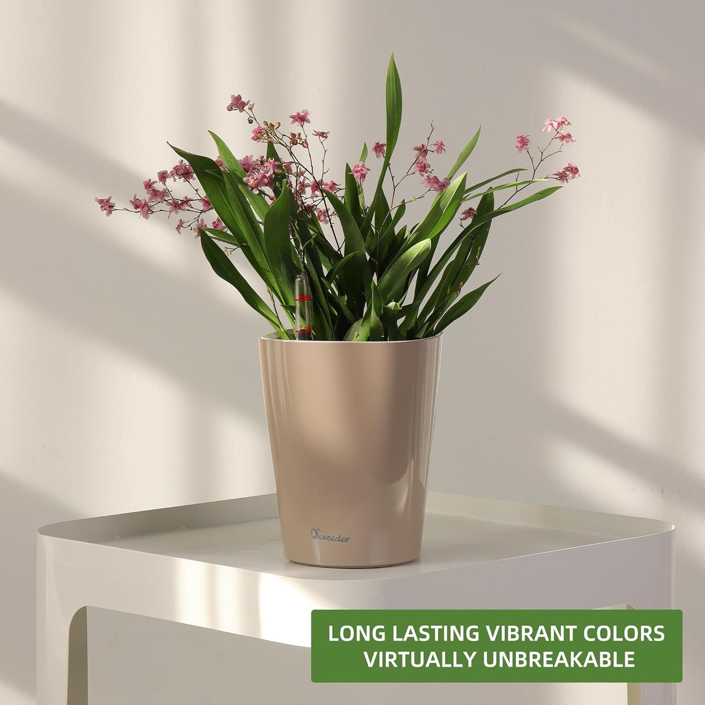 Dexceder 6x7 Self Watering Planter Indoor Outdoor, High Gloss Table Flower Plant Pot with Water Level Indicator (Taupe)