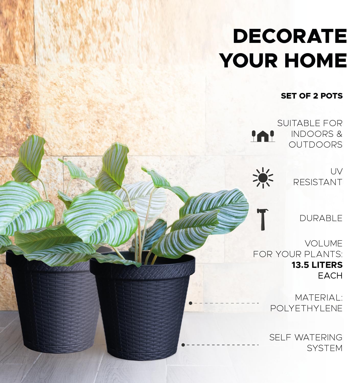 Elly Décor Set of 2 12 inch Round Saucer Modern Self Watering Planter Plates, Pots with Rattan-Like Finish, 12x12 Gray