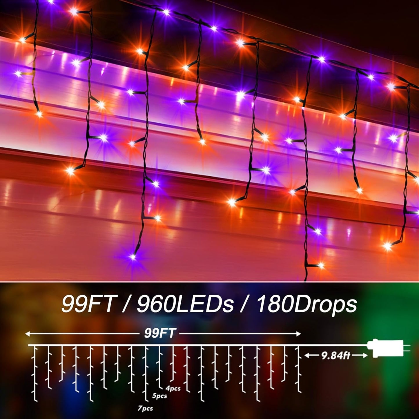 KNONEW 99FT 960 LED Orange Purple Halloween Lights Outdoor Black Wire String Lights with 180 Drops, 8 Lighting Modes, Timer Memory Function Hanging Curtain Lights for Halloween Party