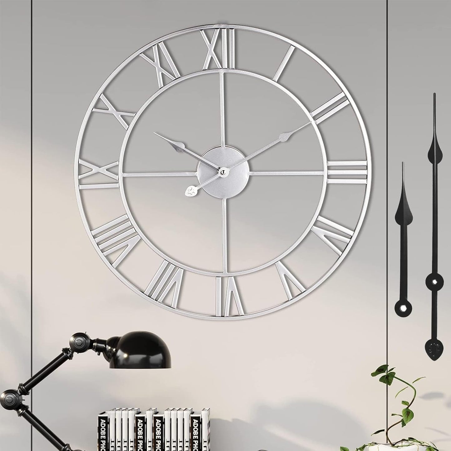 1st owned Large Wall Clock Silent Non-Ticking Roman Numerals Vintage Battery Operated (24 inch,18inch,16inch) Farmhouse Wall Clock for Living Room, Bedroom, Kitchen, Cafe Decor-Silver 47CM
