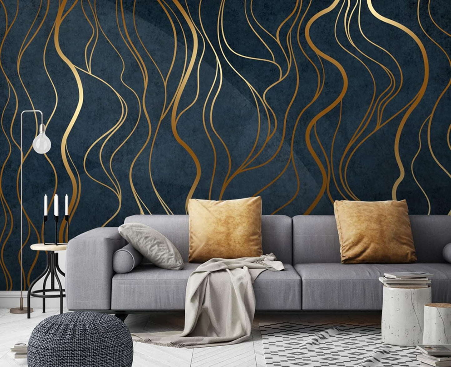 Simple Golden Lines Wall Mural Wallpaper for Bedroom 137" x 100"