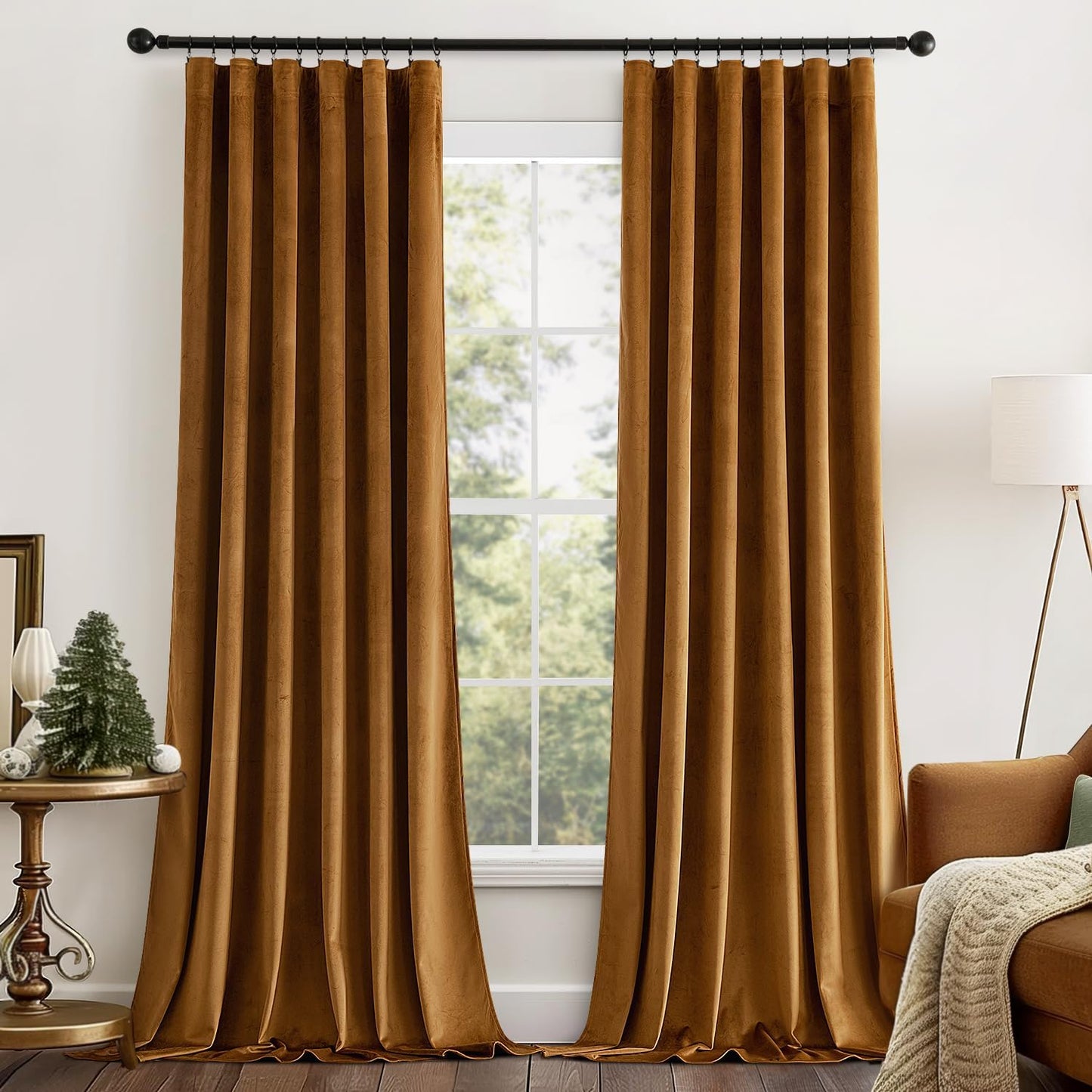 MIULEE Gold Brown Velvet Curtains 96 inches Long 2 Panels - Luxury Pinch Pleated Room Darkening Window Drapes for Bedroom Living Room Thermal Insulated Super Soft Blackout, Back Tab Rod Pocket