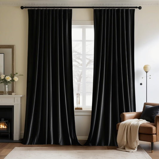 MIULEE Black Velvet Curtains 90 inches Long 2 Panels - Luxury Pinch Pleated Room Darkening Window Drapes for Bedroom Living Room Thermal Insulated Super Soft Blackout, Back Tab Rod Pocket
