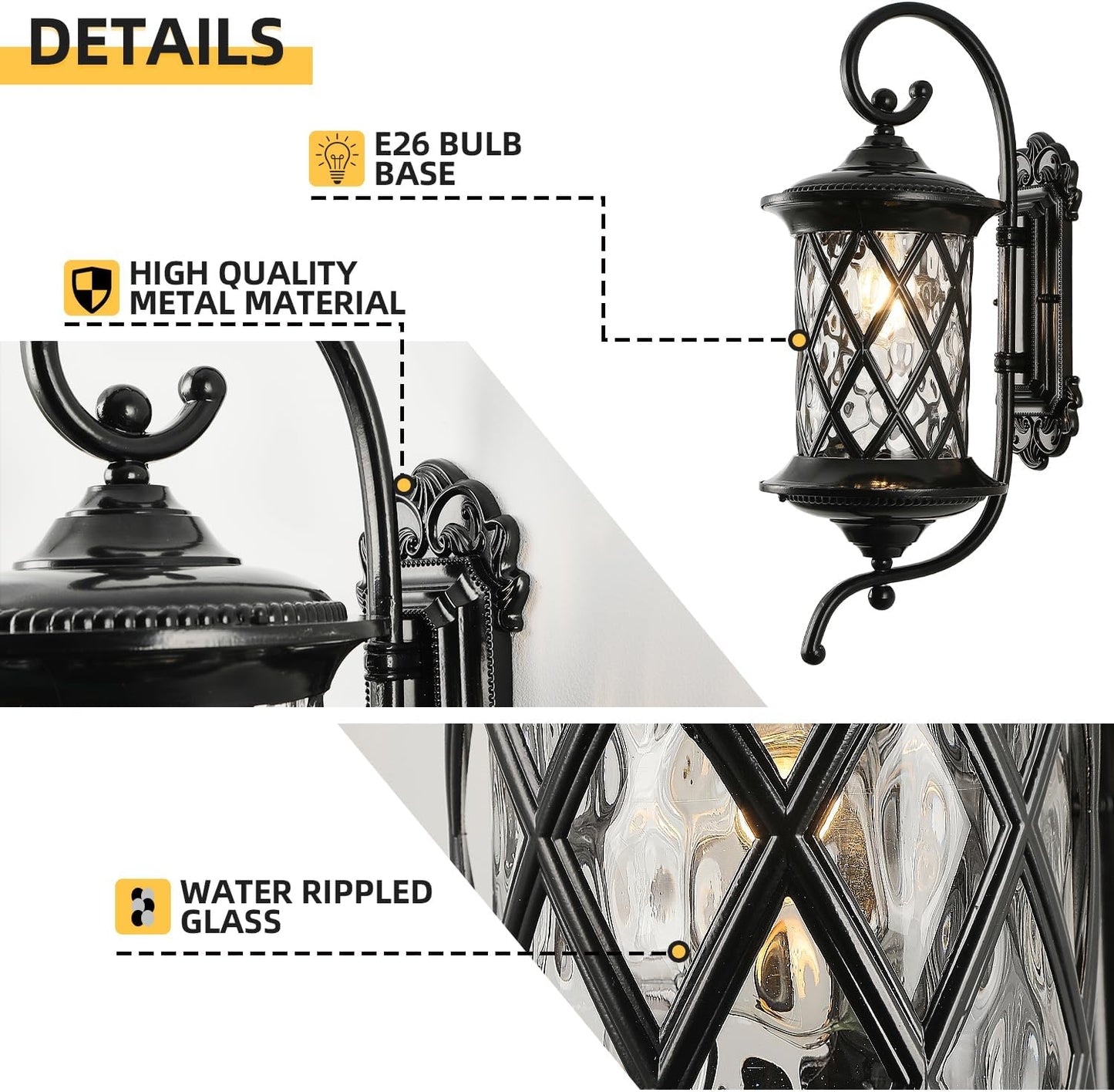 Retro Large Outdoor Wall Lanterns 24" Exterior Light Fixtures Coach Light Waterproof Aluminium with Water Glass Outside Wall Lamps for House Front Door Garage Porch Lighting, Black