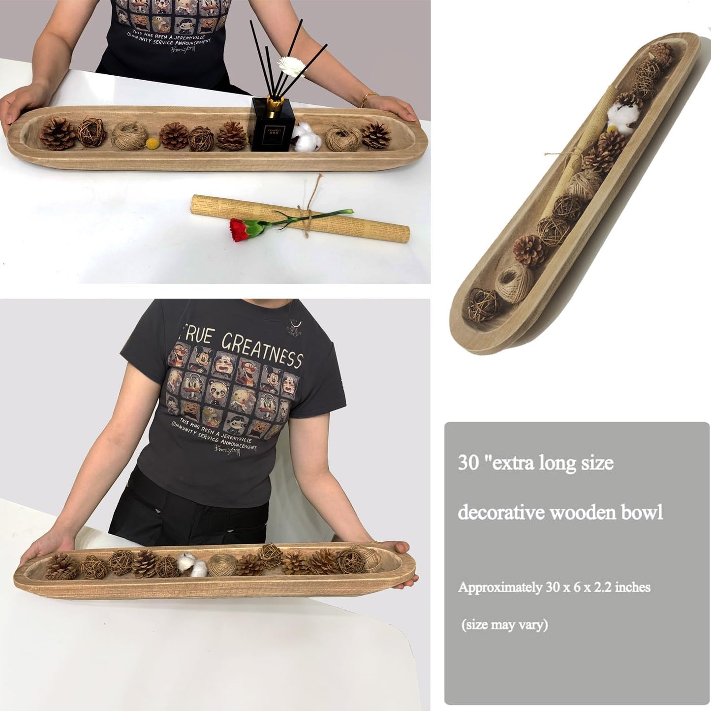 Wooden Dough Bowl Decor, Vintage Wooden Bowl Hand Carved Home Decor for Dining Table Center, Living Room, Kitchen Decor. (30inch brown)