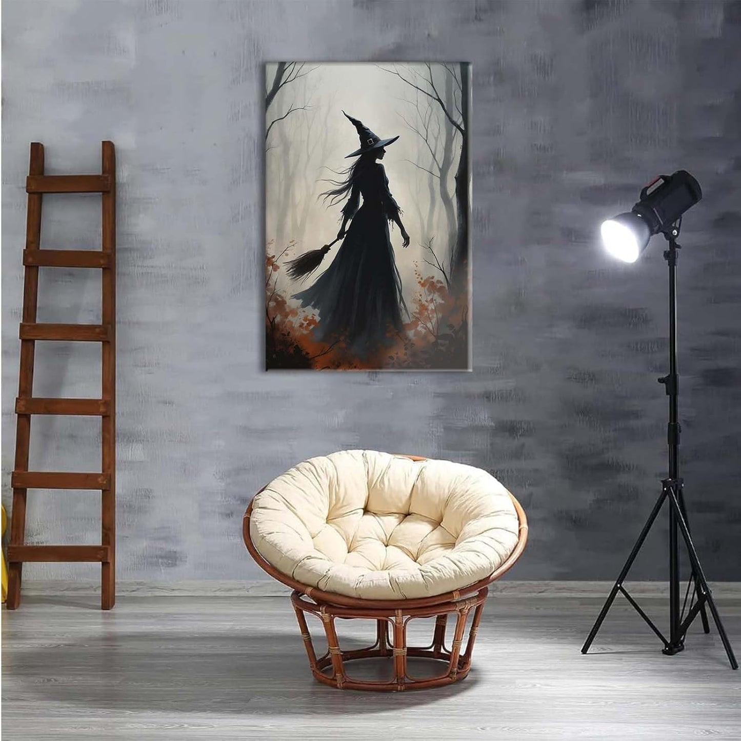Vintage forest witch silhouette poster Halloween mural poster decoration mural art magic suitable for home living room bedroom12x16in Wood Framed